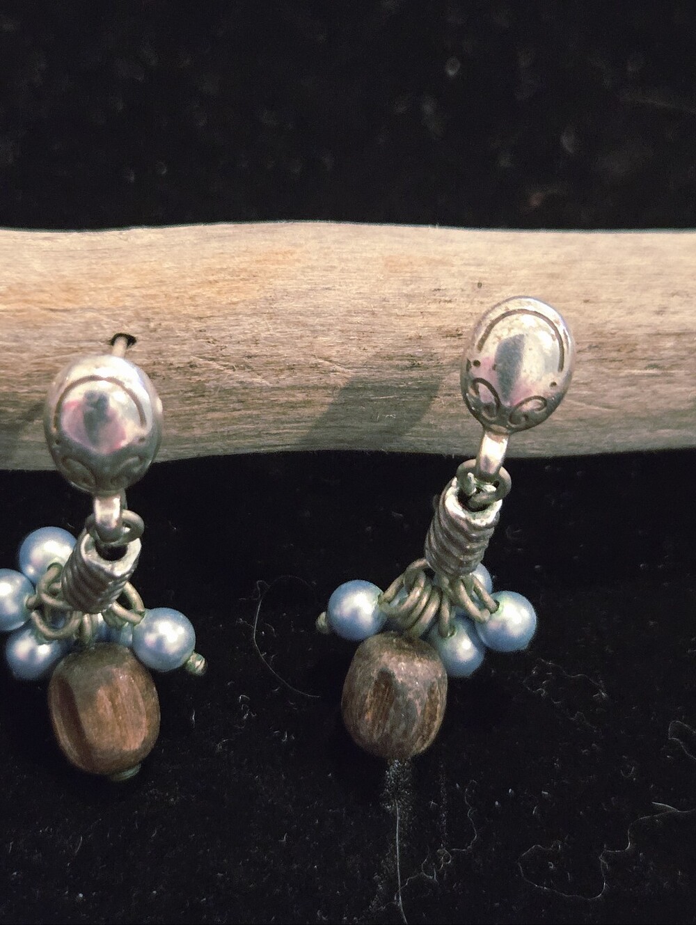 Vintage Retired Brighton Silver Plated Blue Faux Pearl and Wooden Drop Earrings